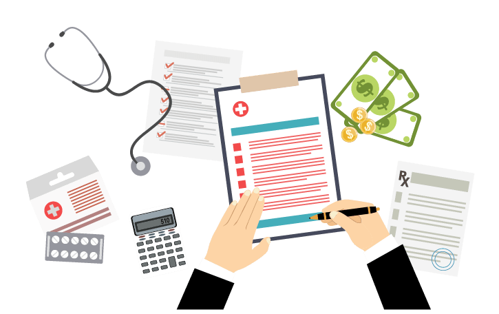 Hands shown signing off on documents with calculator, prescription, checklists, and stethoscope surrounding