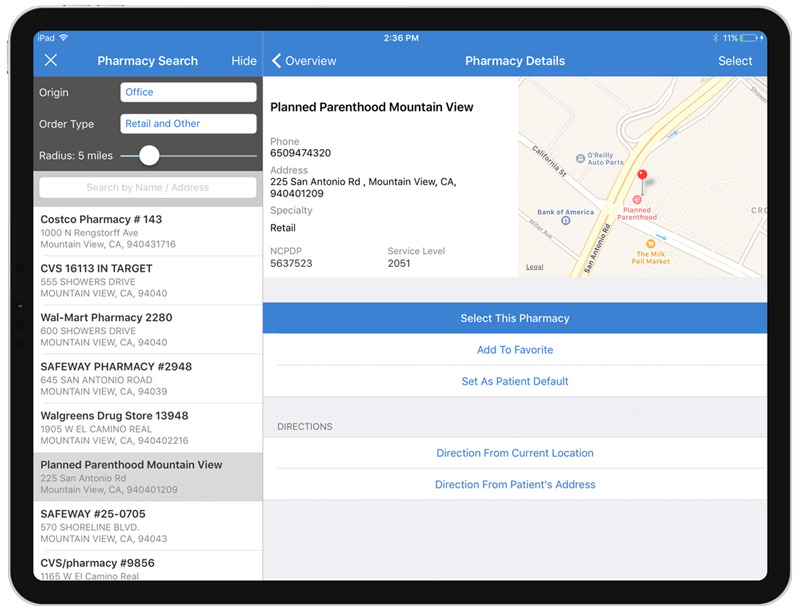 Pharmacy search for e-prescribing on iPad