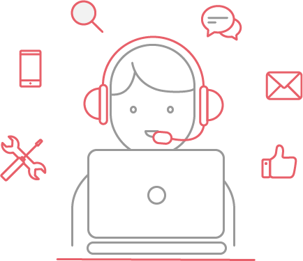 Support person with headphones on infront of a laptop answering questions