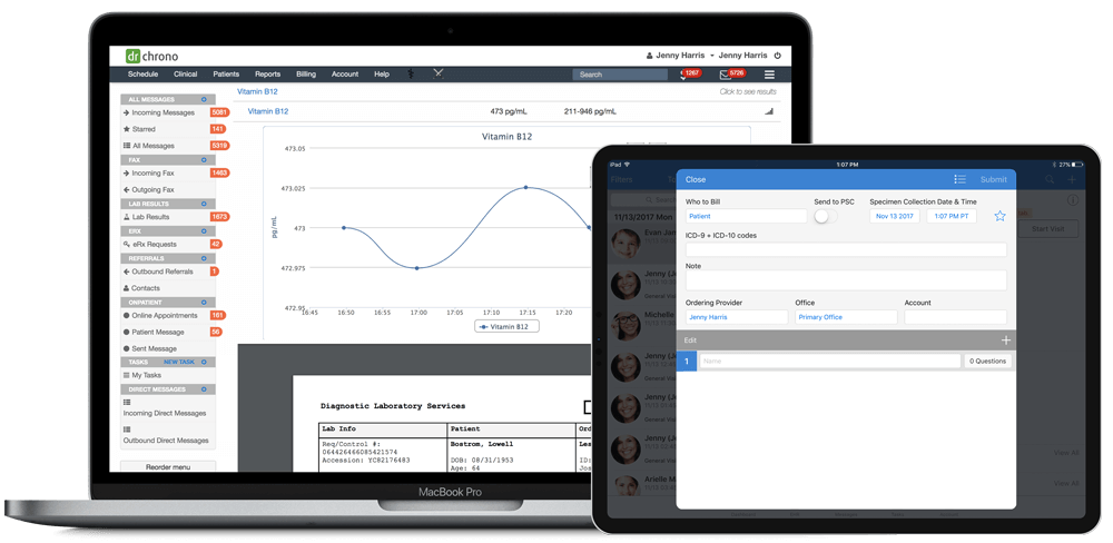 DrChrono lab orders and medical billing shown on iPad and Macbook