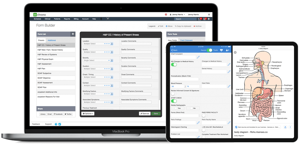 Form builder and free draw capabilities on cloud based EHR system