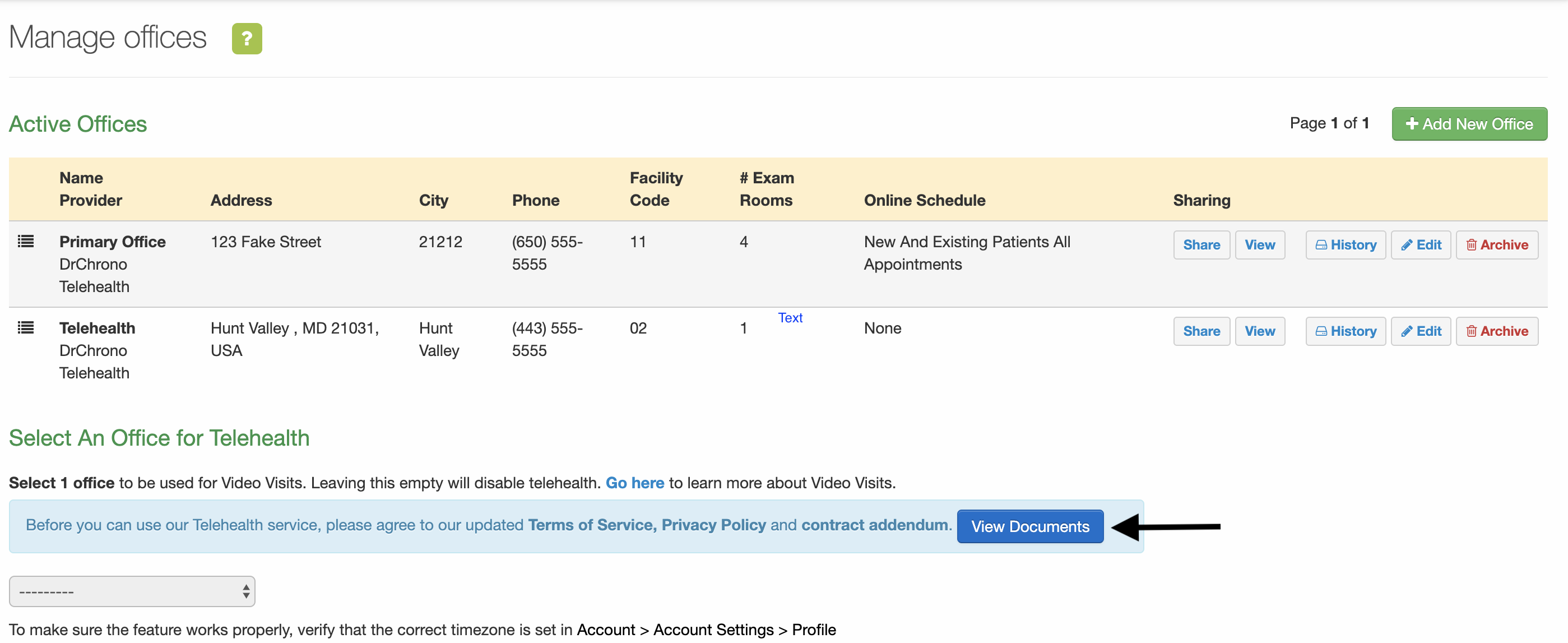 Telehealth view documents button