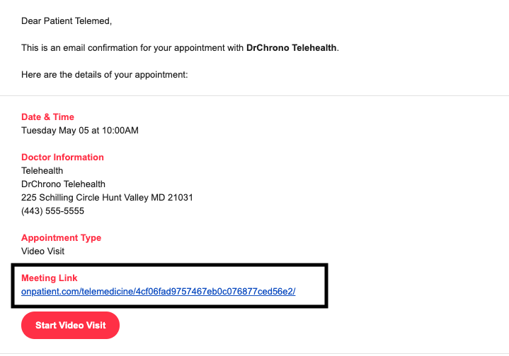 Telehealth OnPatient meeting link in email