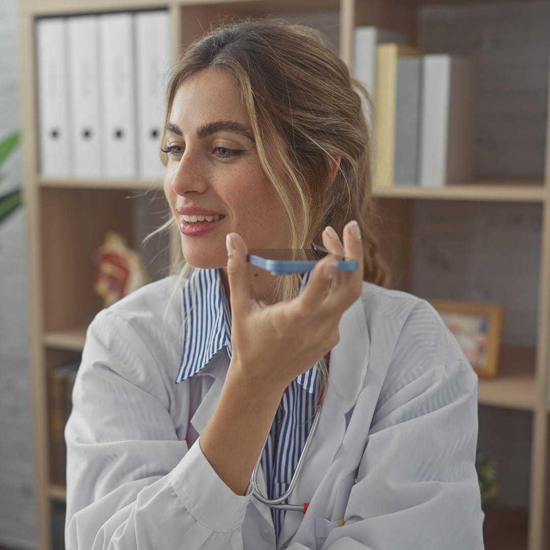 Doctor smiling while holding a smartphone for a voice message in an office with shelves in the background.