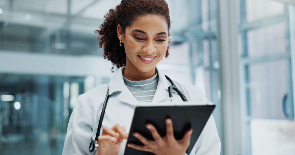 Tablet, woman and doctor with telehealth, healthcare and wellness support at hospital with tech. Digital, smile and online medical advice with clinic app for planning and web results for consultation.
