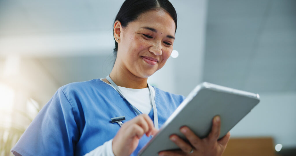 Healthcare, female nurse and tablet for research, medical info or diagnosis results with smile. Hospital, pediatric or digital for report analysis, online consultation or telehealth with wellness app.