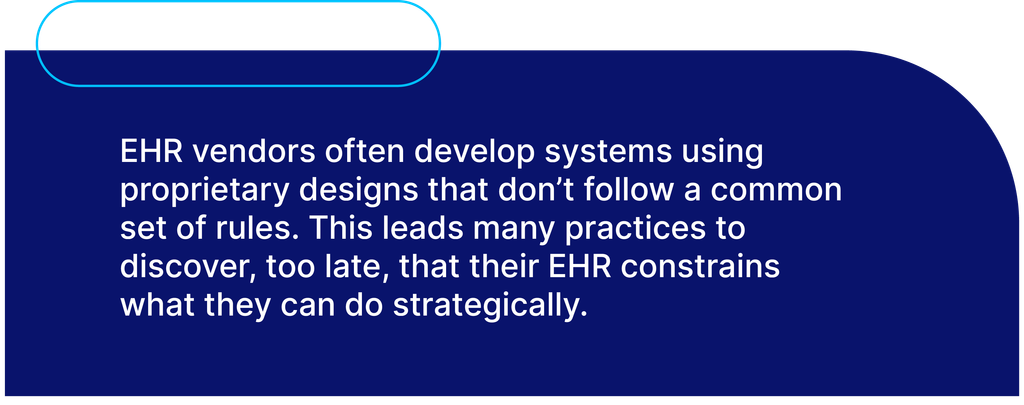 From EHR to Intelligence Platform: Why Architectural Evolution Defines the Next Decade of Independent Practice EHR vendors often develop systems using proprietary designs that don't follow a comment out of rules. This leads to many practices to discover, too late, that their EHR constraints what they can do strategically.
