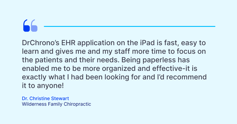 The Guide to Electronic Health Records (EHR) Software DrChrono’s EHR application on the iPad is fast, easy to learn and gives me and my staff more time to focus on the patients and their needs. Being paperless has enabled me to be more organized and effective-it is exactly what I had been looking for and I’d recommend it to anyone!
Dr. Christine Stewart Wilderness Family Chiropractic