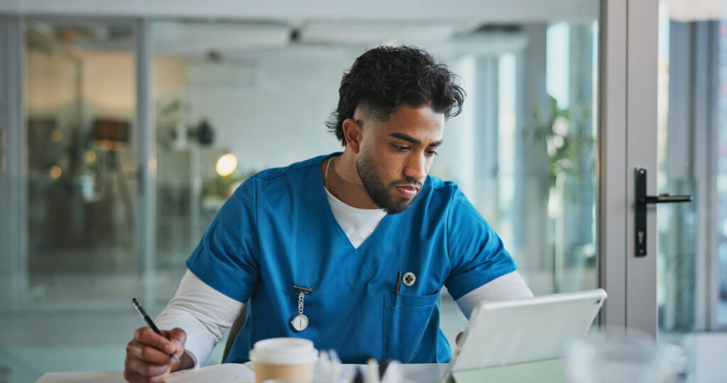 Man, nurse and writing in office with tablet for healthcare, prescription or notes. Patient report, administration and tech with medical professional for documents, schedule or planning in clinic.