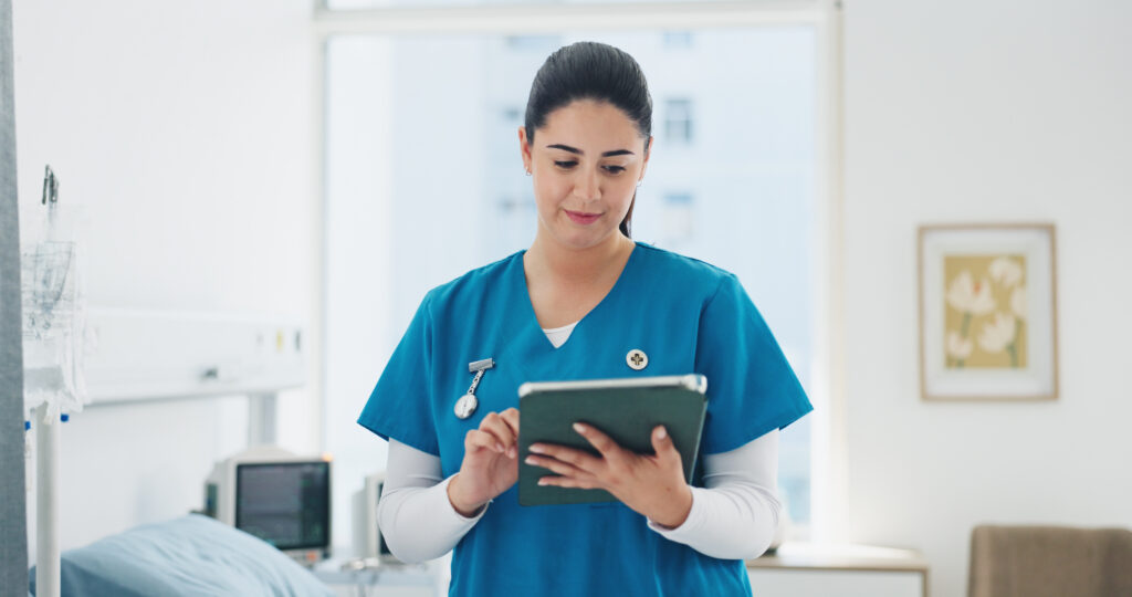 Why Workflow Simplicity Is Vital for Independent Practices Woman, nurse and tablet in hospital for healthcare schedule, information or review medical history. Technology, person and worker in clinic to scroll email, update report and research on internet.